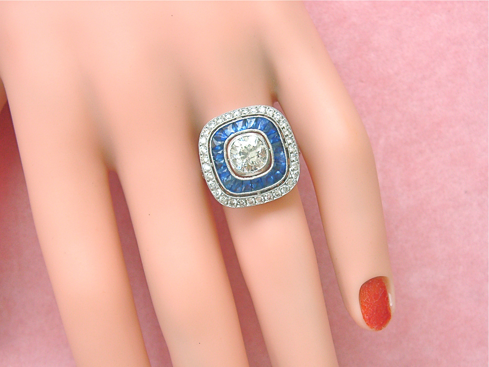 ART DECO 1.97ctw DIAMOND 1.2ctw SAPPHIRE HALO ENGAGEMENT CUSHION COCKTAIL RING