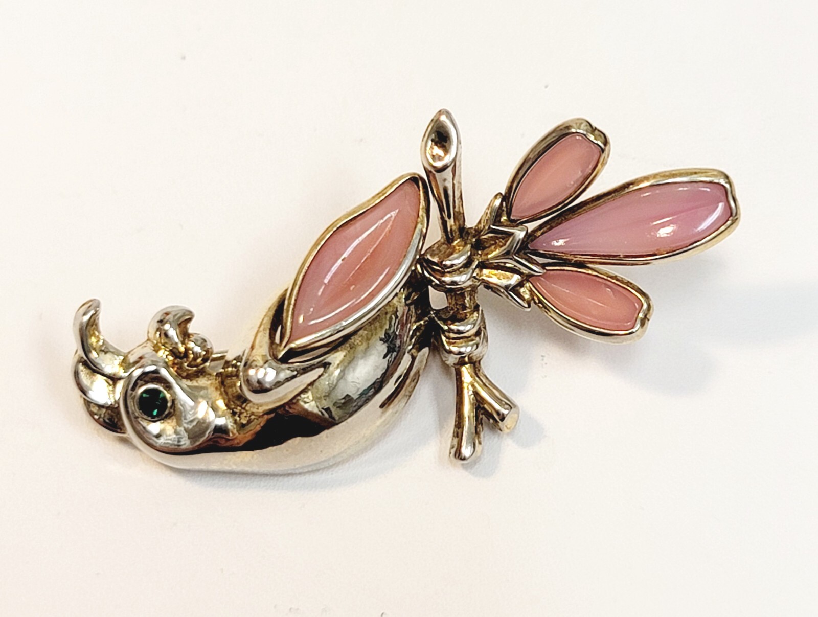 Vintage Trifari Pink Glass Petalette Parrot Brooch Green Rhinestone Eye