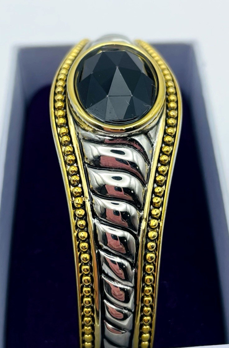 Vintage Silver and Gold Tone Hinged Bangle Bracelet Black Faceted Acrylic Stone