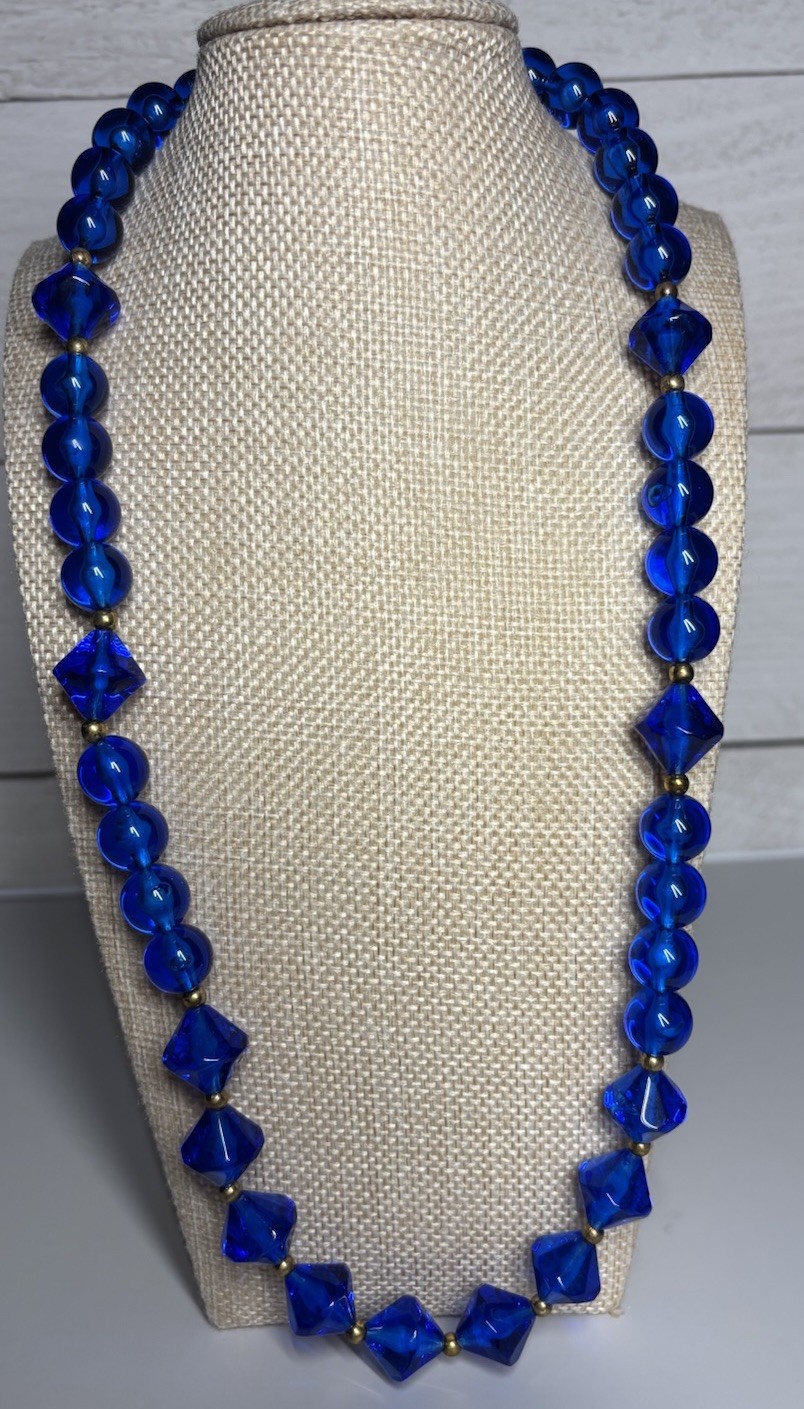 Vintage Blue Lucite Bicone Round Bead Necklace 23” Brass Spacers MCM