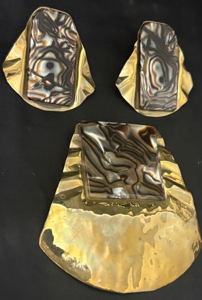 Modernist Brooch Earrings Set Brutalist Bold Studio Artist marble Swirl Signed
