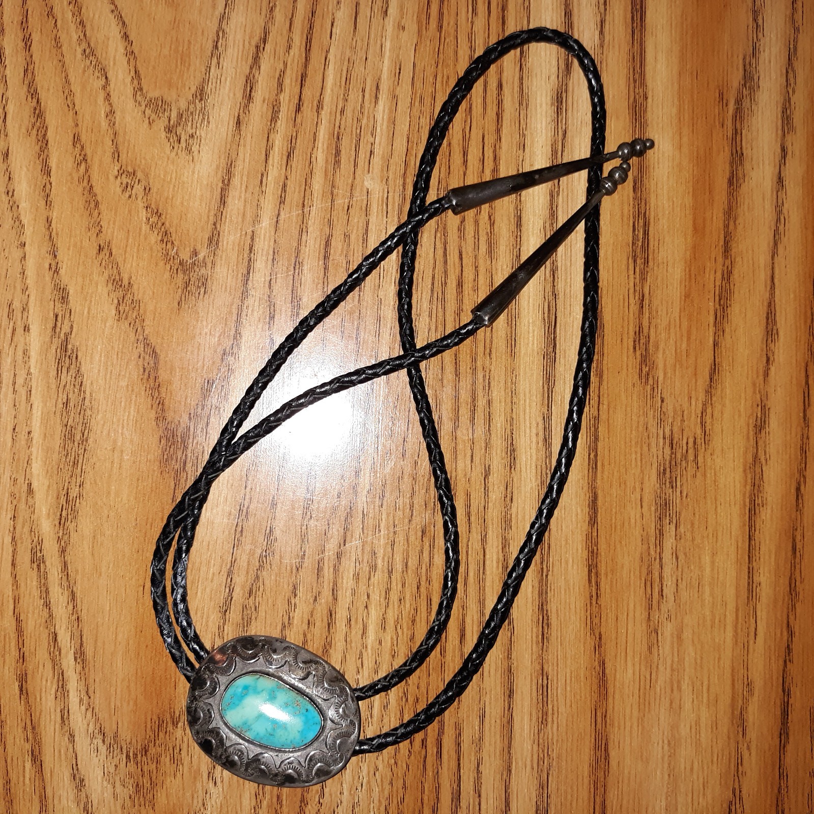 Vtg Bennett Pat Pend Bolo Tie Slide Turquoise Silver Black Leather Cord L 18″