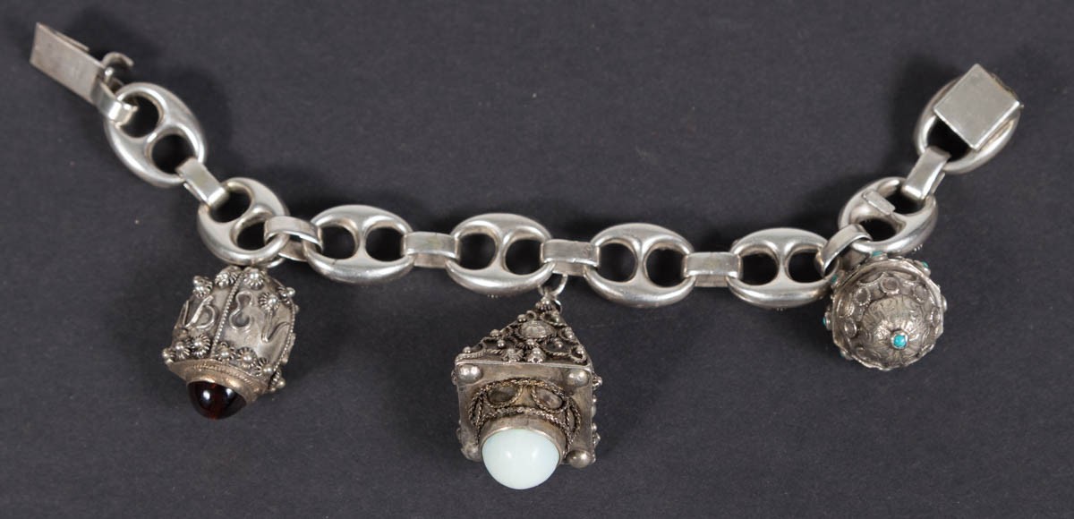 Vintage Etruscan Revival 800 Silver Fob Charm Bracelet Stones 8″ Long 800 – 52g