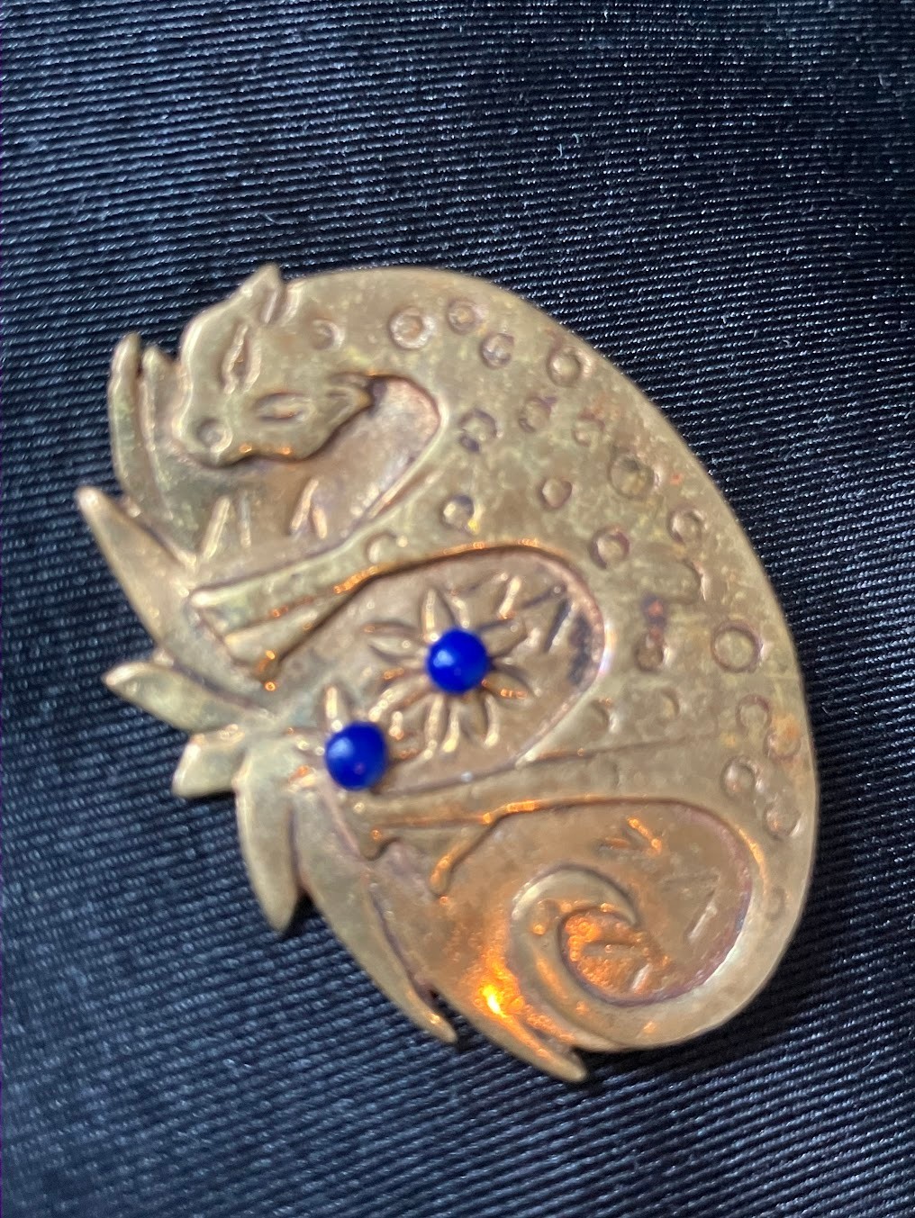 Vintage Leopard Brass Brooch Safari Jungle Lapis Lazuli Gold Wash Artisan Pin