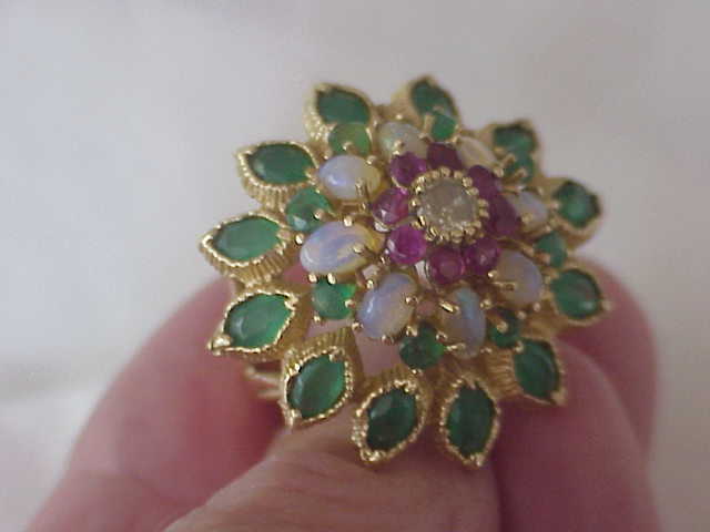 VINTAGE EUROPEAN DIAMOND-EMERALD-RUBY & OPAL STARBRUST RING SZ 5 1/2 RARE FIND