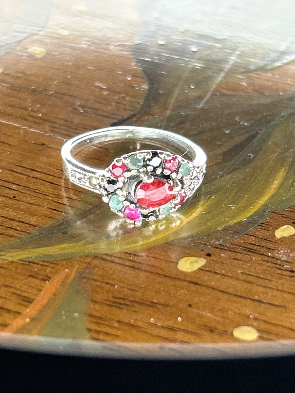 Vintage 925 Sterling Silver Ruby Sapphire Jade Marcasite Ring Size 7.5