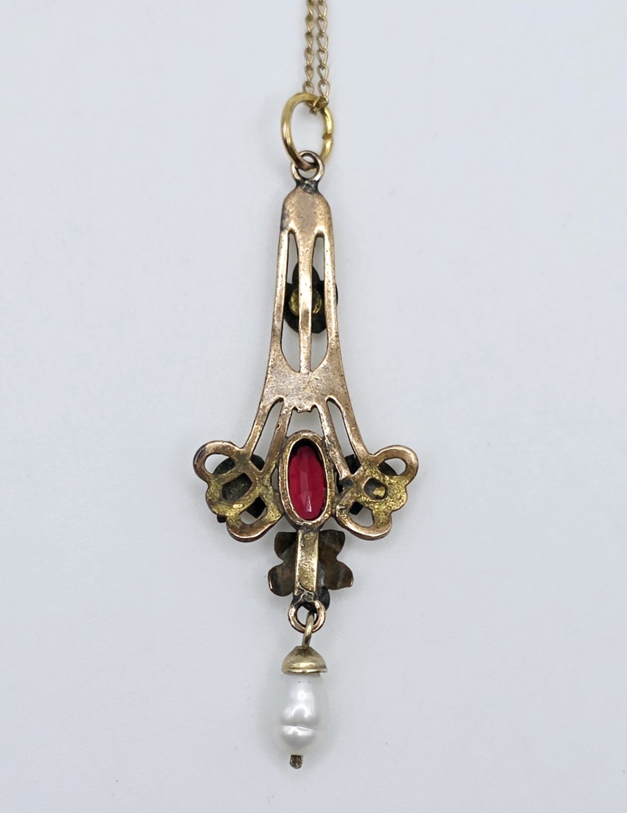 Antique Art Nouveau Lavalier Pendant Necklace Gold Filled Red Stone Pearl