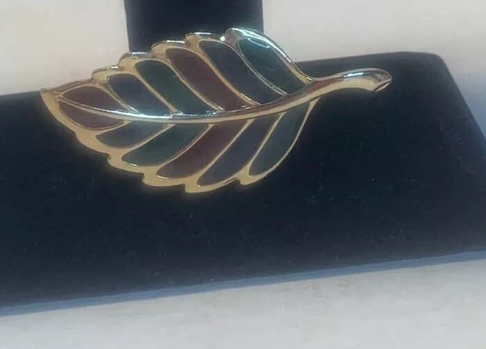Gold Colored Metal, Red and Green Enameling, Leaf Pin/Brooch, Fall, Christmas
