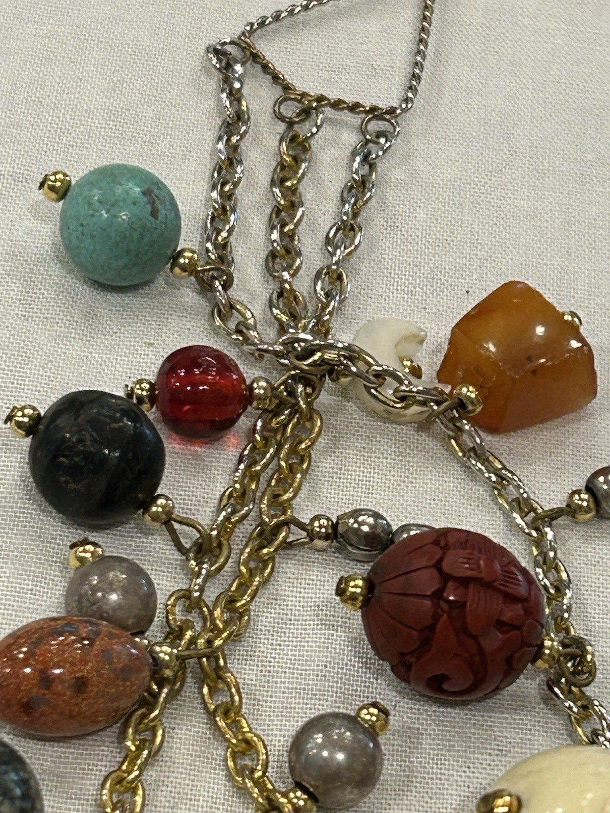 Vtg Asian-Themed Mixed Material 3-Strand Charm Necklace w/Carved Wood Buddha 28”