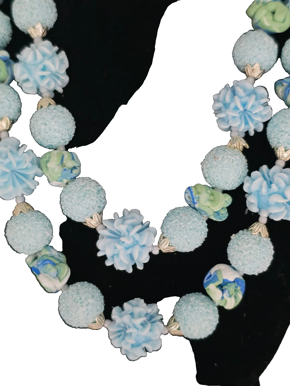 DOUBLE SRAND JAPAN BLUE GREEN SUGAR TEXTURE FLOWER BEAD NECKLACE / CLIP EARRINGS