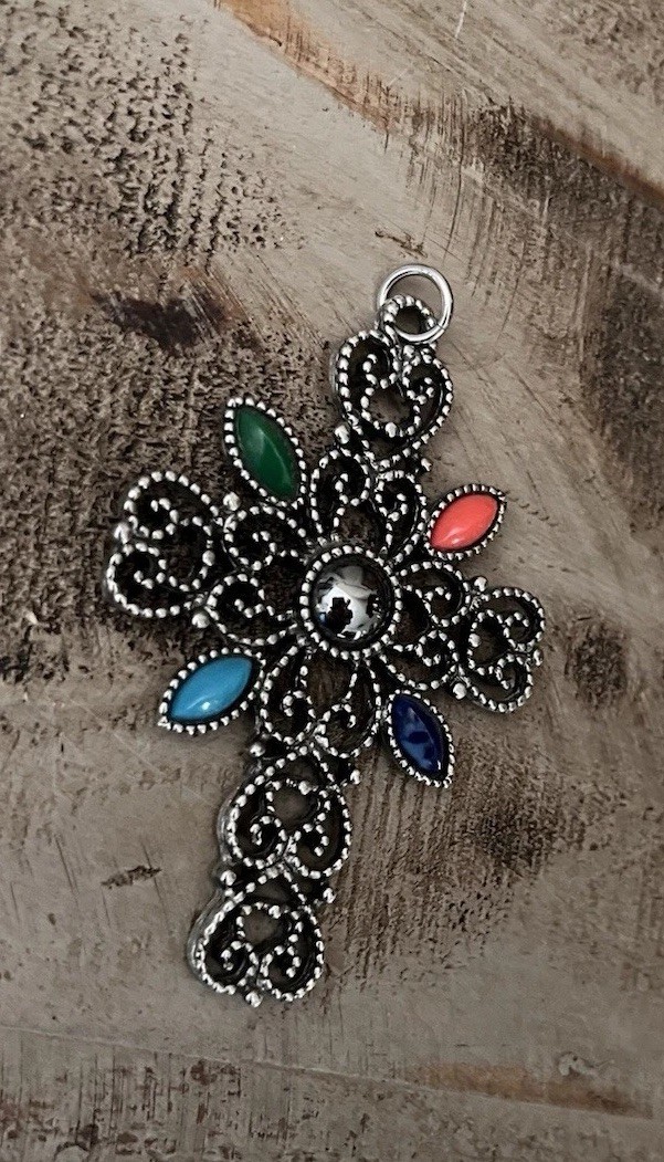 Vintage Avon Romanesque Cross 3” Pendant 1970s Silver Filigree Multicolor Stone