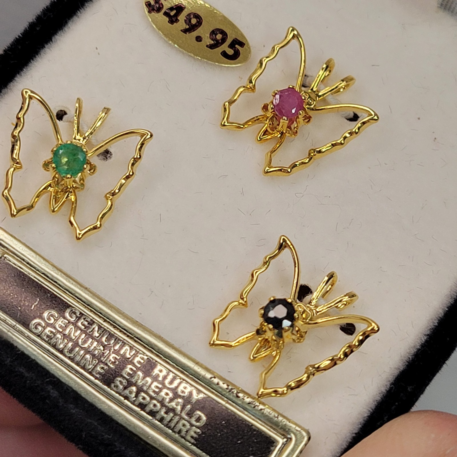 Vtg NIKOLAS 3pc. Butterfly Genuine Gemstone Pendants Set Ruby Emerald Sapphire