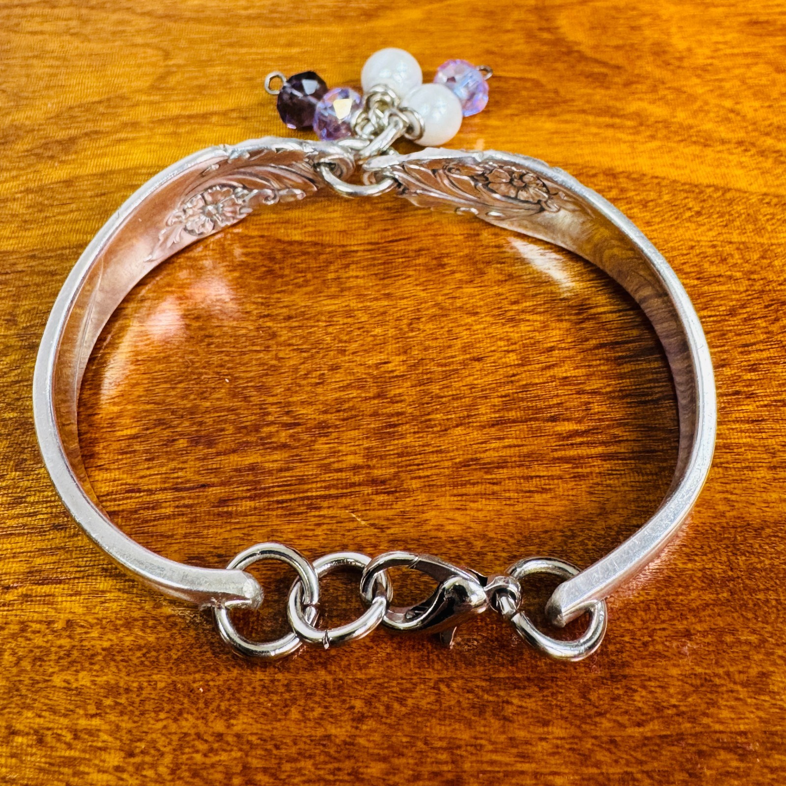 Vtg Silverware Double Handle Floral Bangle Silverplate Bracelet Purple & Pearls