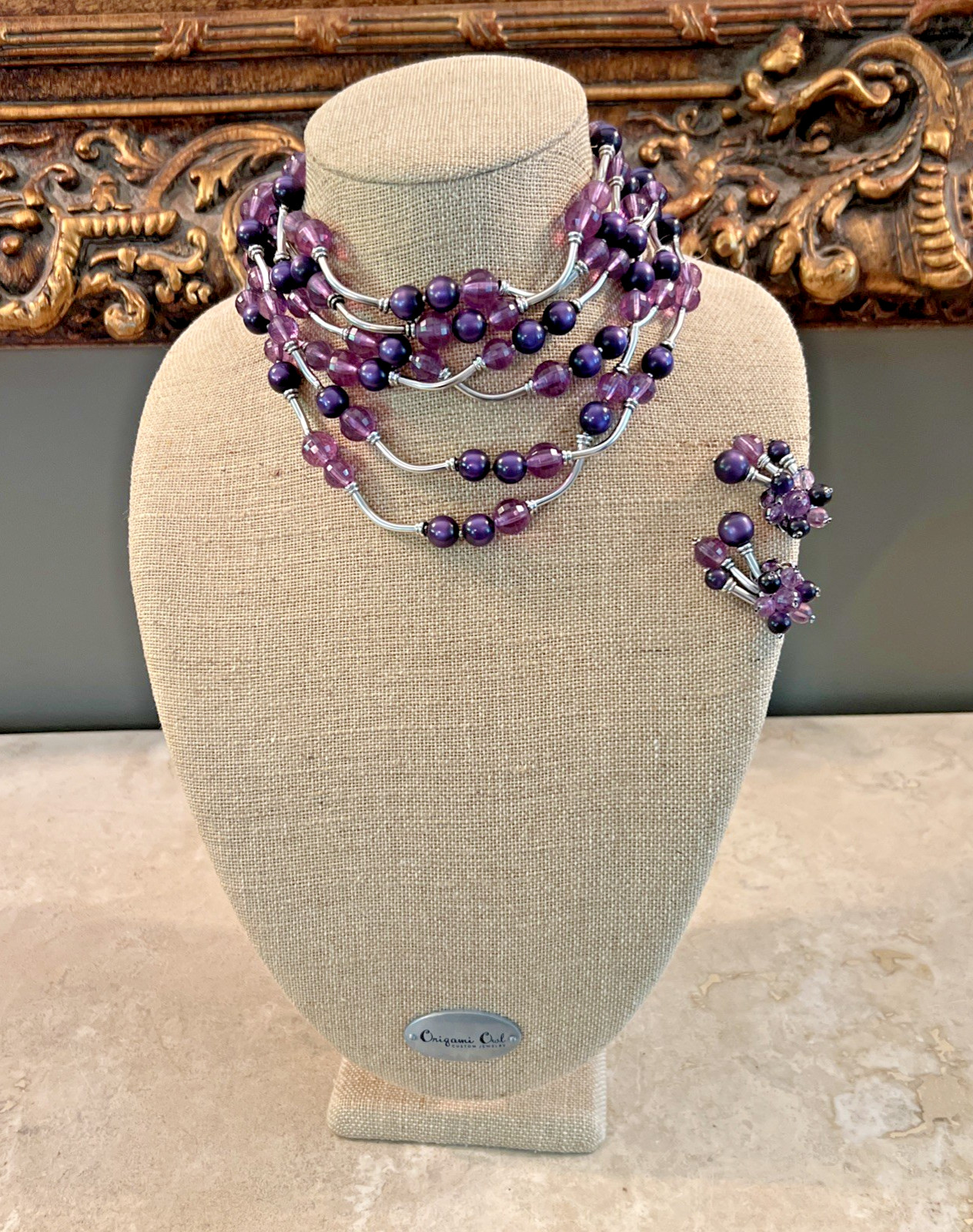 Vintage SIGNED DEMARIO AMETHYST & SILVER BEAD NECKLACE & EARRING SET / 6 STRAND