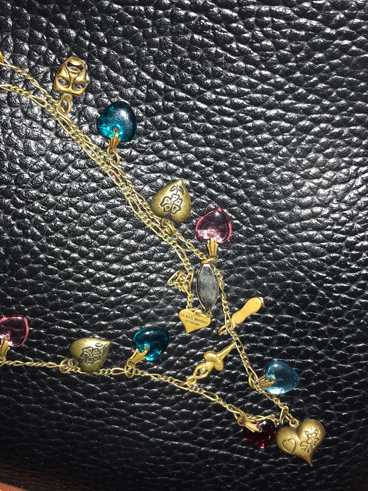 Vintage Glass Works Studio Charm Necklace Brass With Glass Hearts & brass Charms