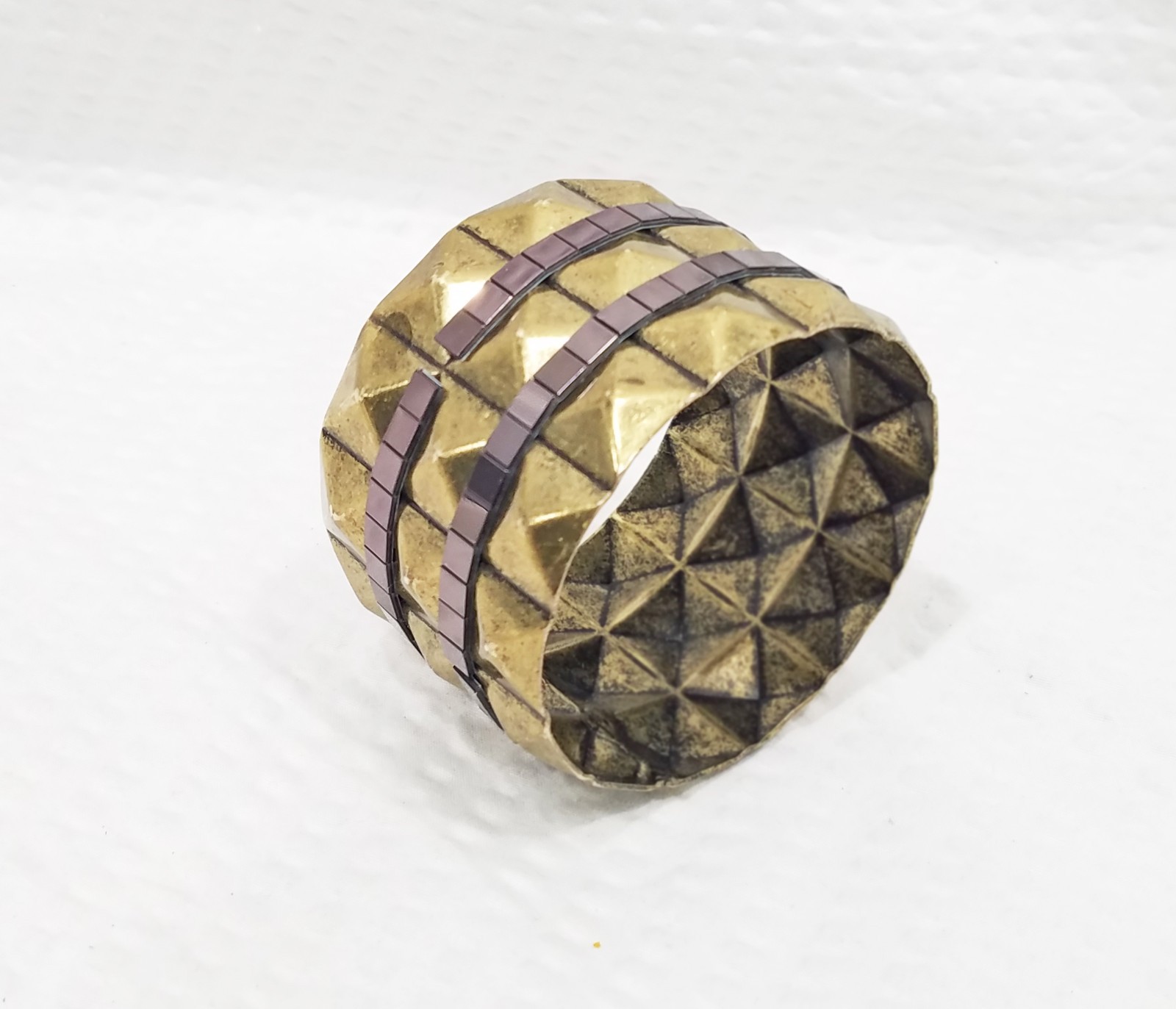 Vintage 1980s Rocker Style Pyramid Studded Brass & Gunmetal Wide Bangle Bracelet