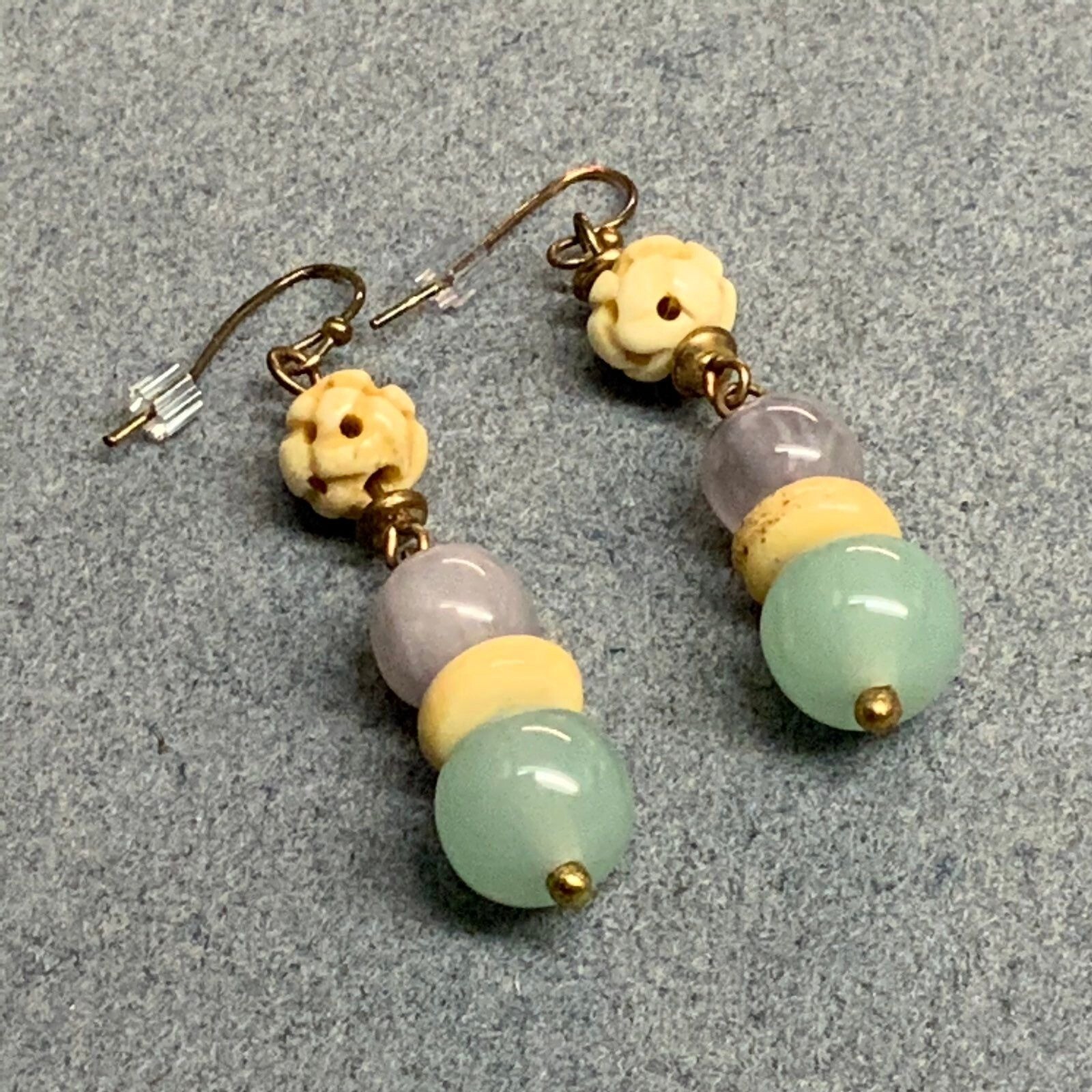 Cream Dangle Pierced Earrings As Is Green Purple Gold Glass Pierced Retro Boho
