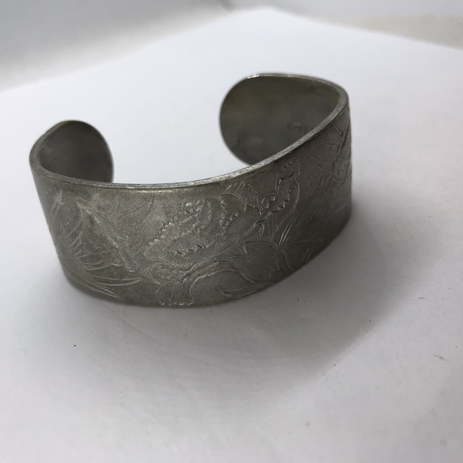 Vintage Cuff Bracelet Salisbury Pewter January Flower Birth Month Etched Metal
