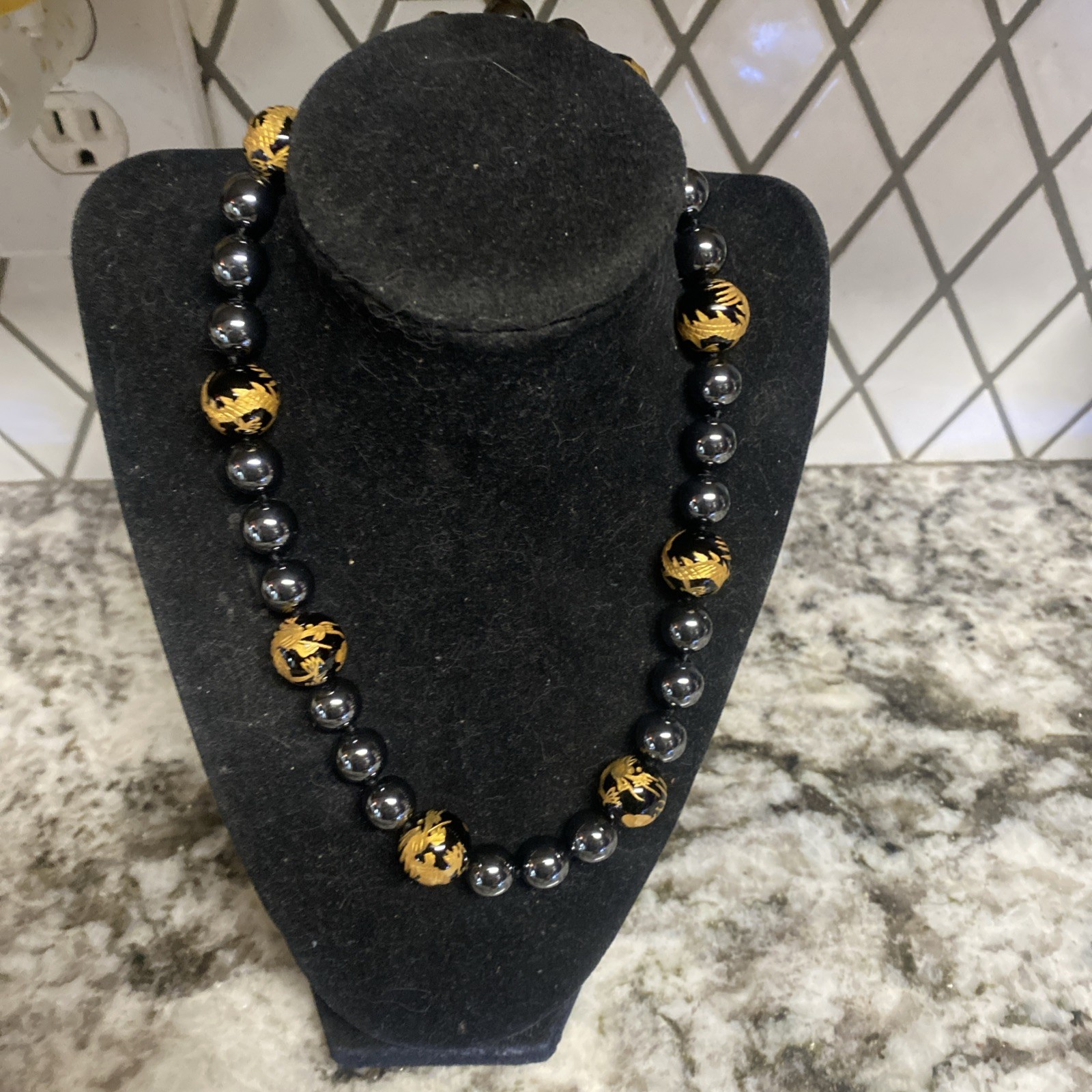 Black Onyx Chinese Embossed Dragon Necklace & Bracelet 925 Earrings Hematite