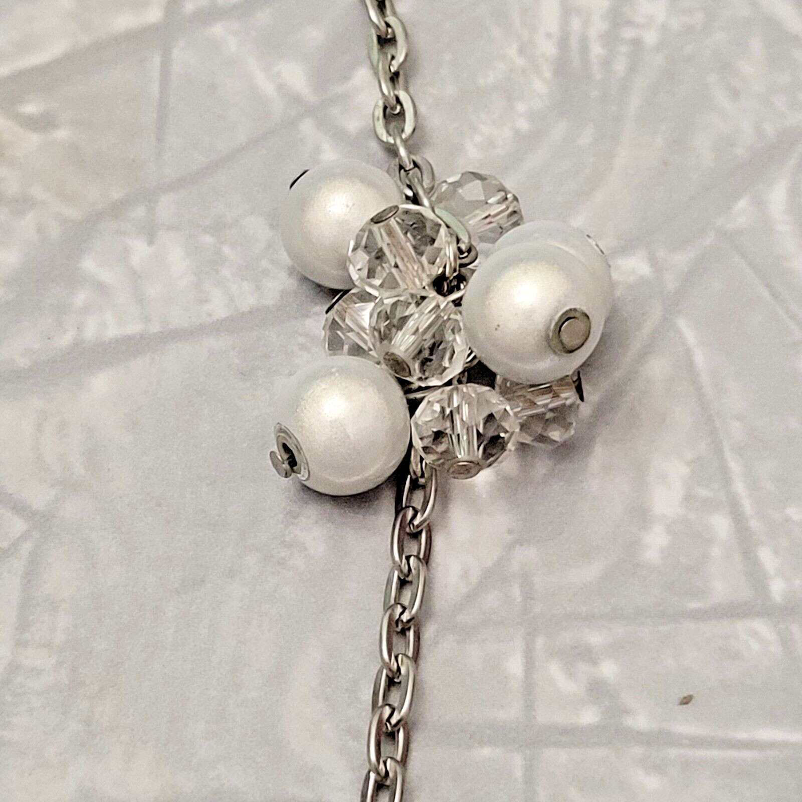 Vintage Estate Silver Tone Faux Pearl Charm Station Statement Necklace ~ 41″