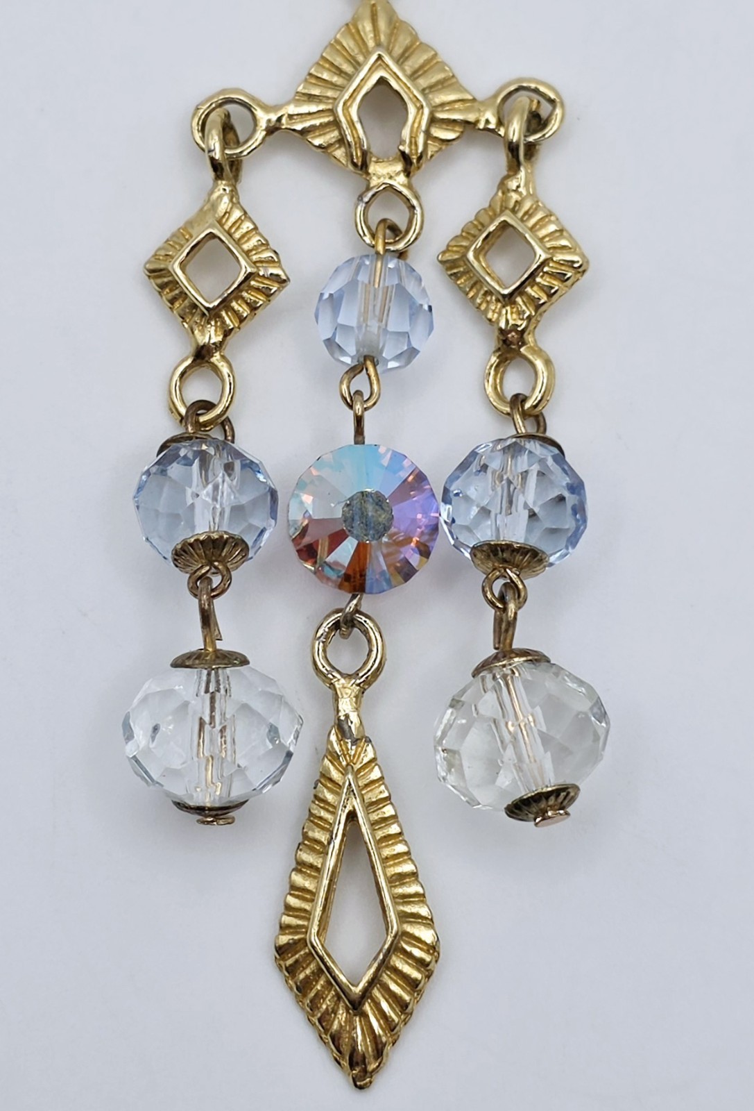 Vtg Aurora Borealis AB Crystal Chandelier Pendant Lavalier Necklace Gold Tone