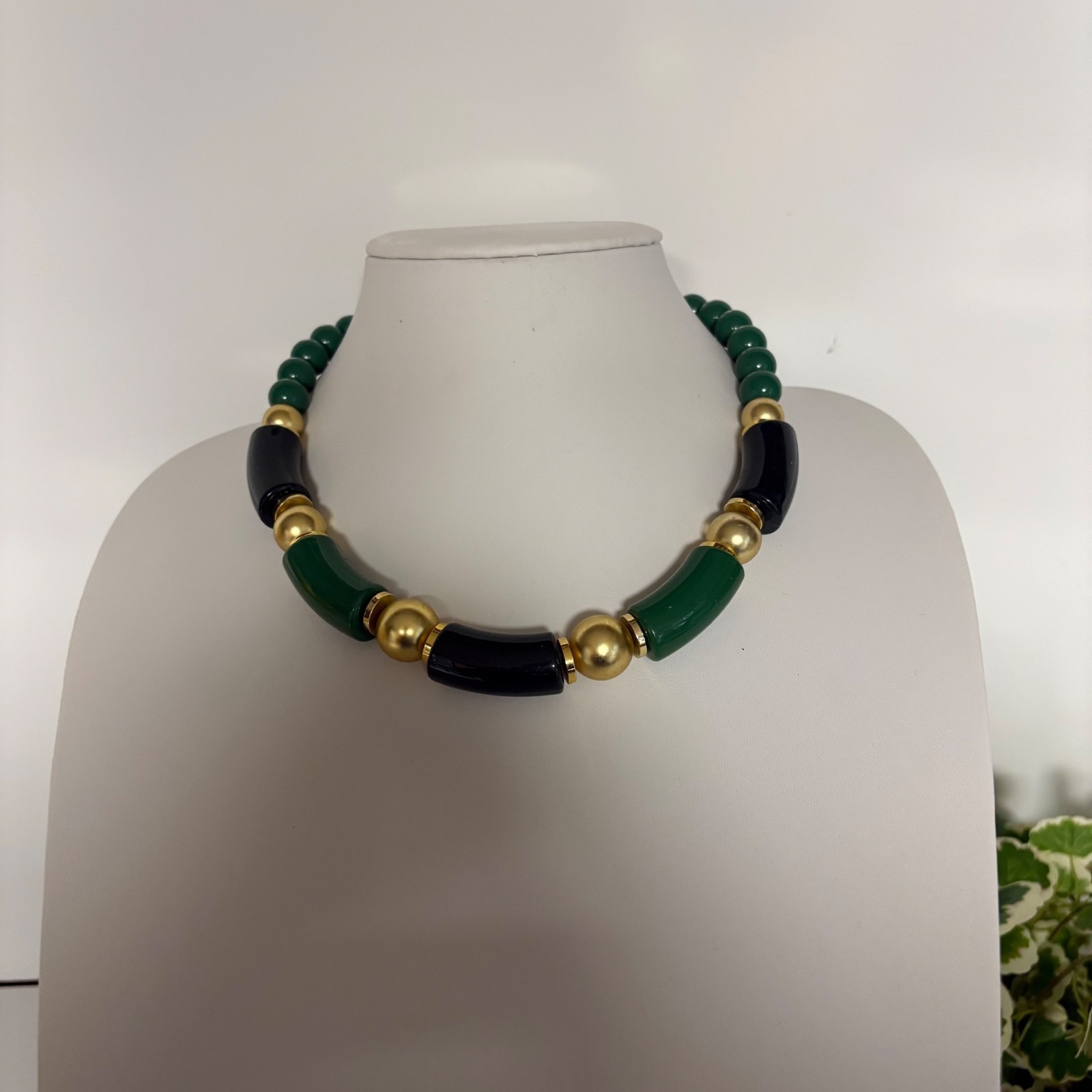 Vintage Green Gold Tone Beaded Statement Necklace Chunky Asian Inspired Retro