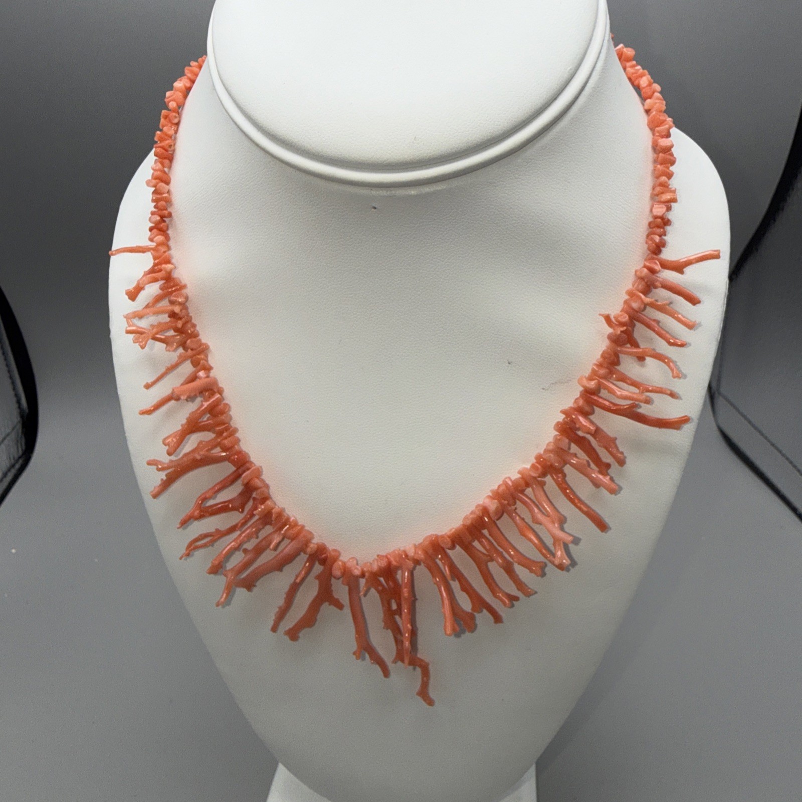 Natural Pink Salmon Color Coral Stick-Branches Necklace 16” Box Clasp