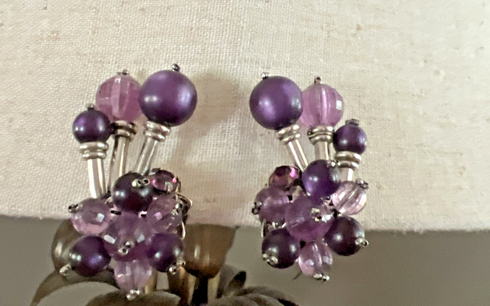 Vintage SIGNED DEMARIO AMETHYST & SILVER BEAD NECKLACE & EARRING SET / 6 STRAND