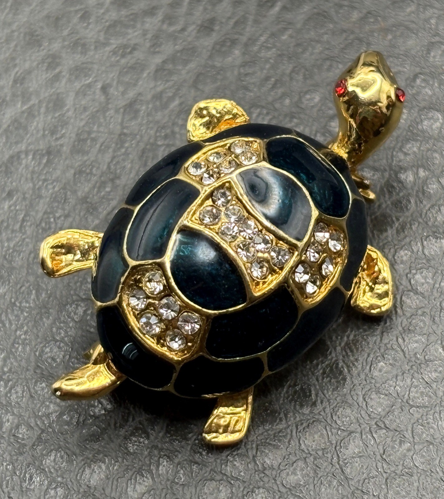 Vintage Enamel Rhinestone Gold Tone Turtle Brooch Pin