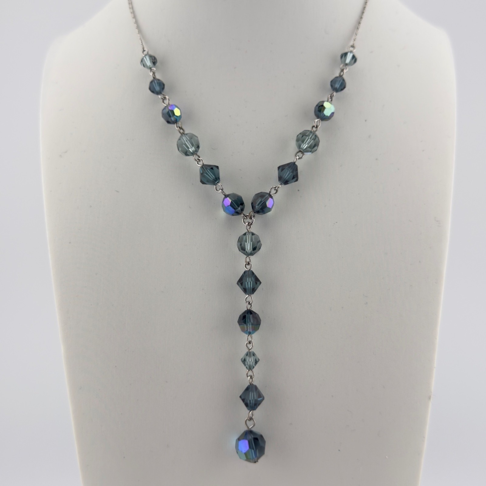 Givenchy Signed Blue Crystal Y Drop Necklace Silver Tone Chain Lariat 18″