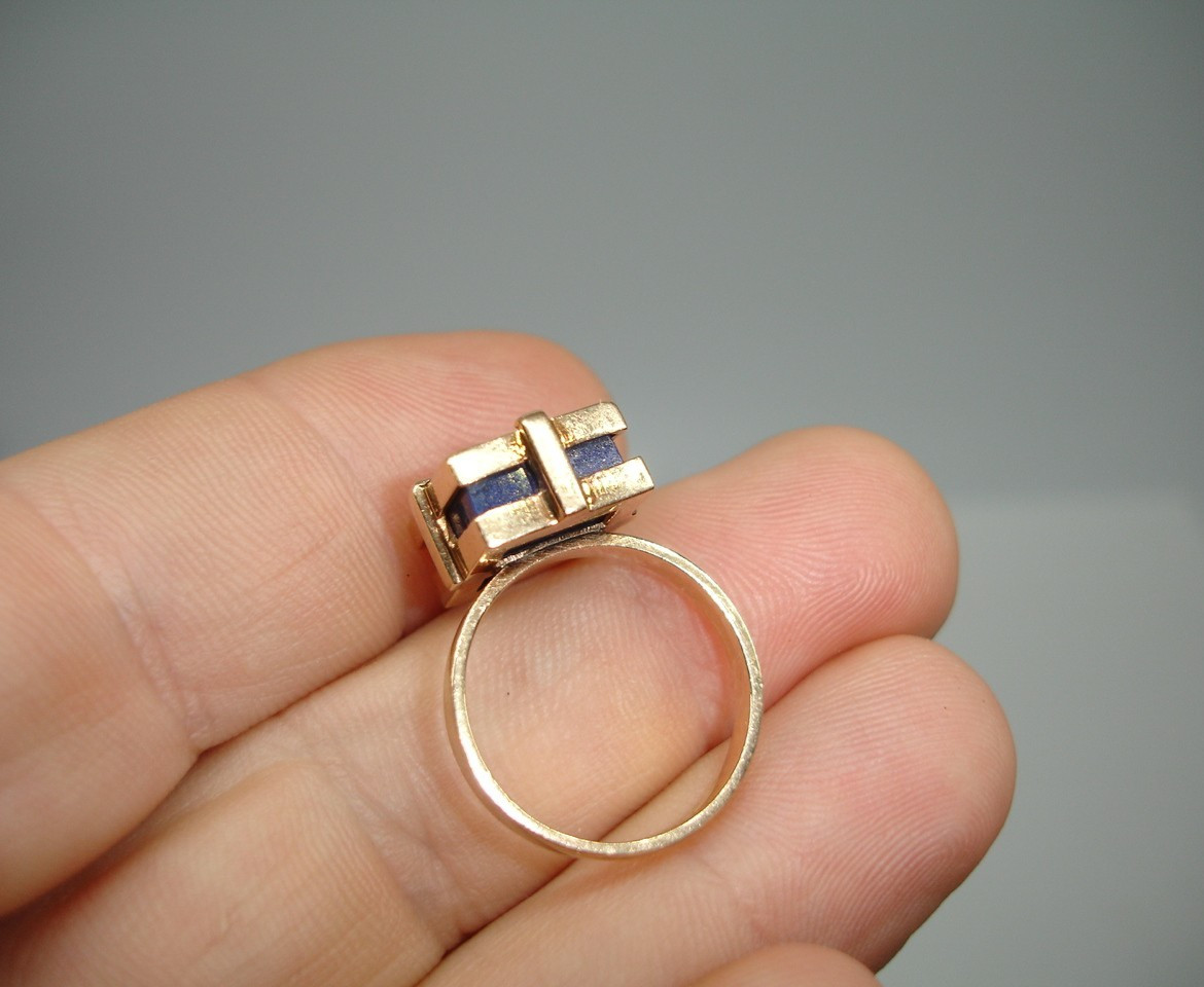 14K Gold Lapis Lazuli Signet Statement Ring Mid Century Deco two-tiered square 7