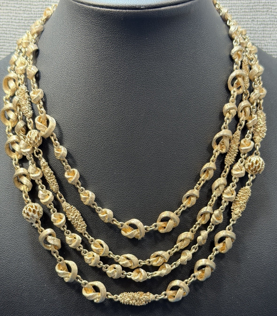 Vintage Knot Filigree Bead Necklace Multi Strand Beaded Gold Tone Acorn Hook