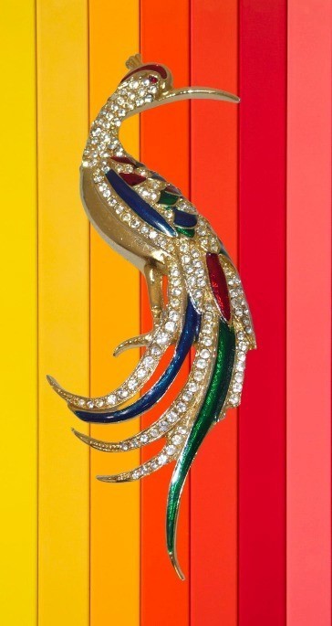 Rhinestone & Enamel Peacock Bird Brooch Red Green Purple Gold Multicolor