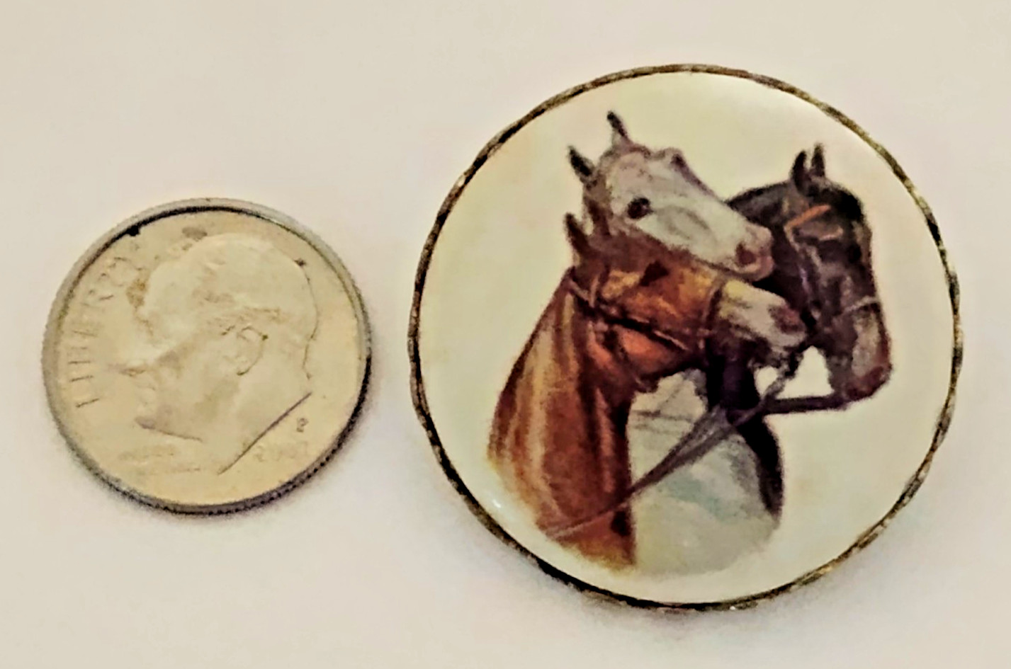 Vintage Horse Brooch Porcelain Cameo Style Equestrian Pin Gold Tone 3 Horses