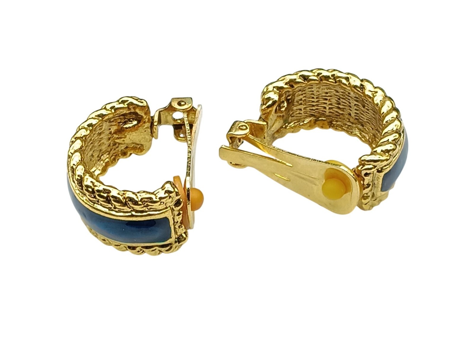 Vintage Gold-Tone Clip-On Hoop Earrings with Blue Enamel Finish