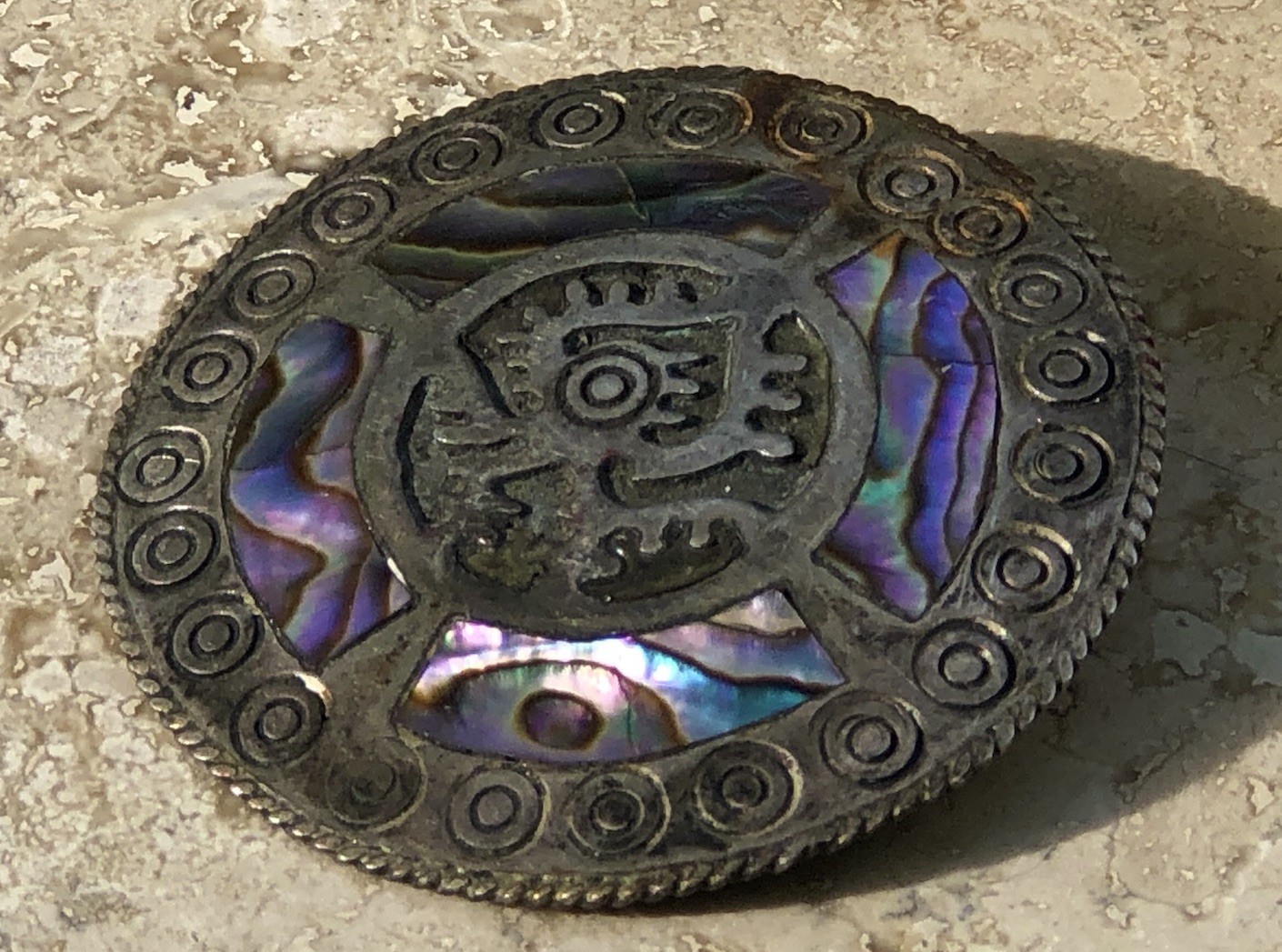 🌈 ✨VTG TAXCO Mexico 925 Sterling Silver TRB RAINBOW ABALONE Aztec Sun Pendant