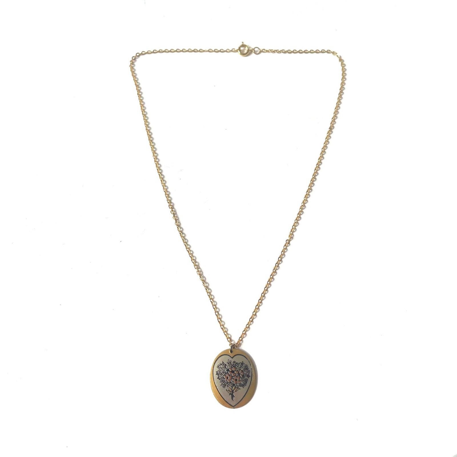 Reed & Barton Damascene Floral Heart Round Pendant Necklace Gold Tone 18 Inches
