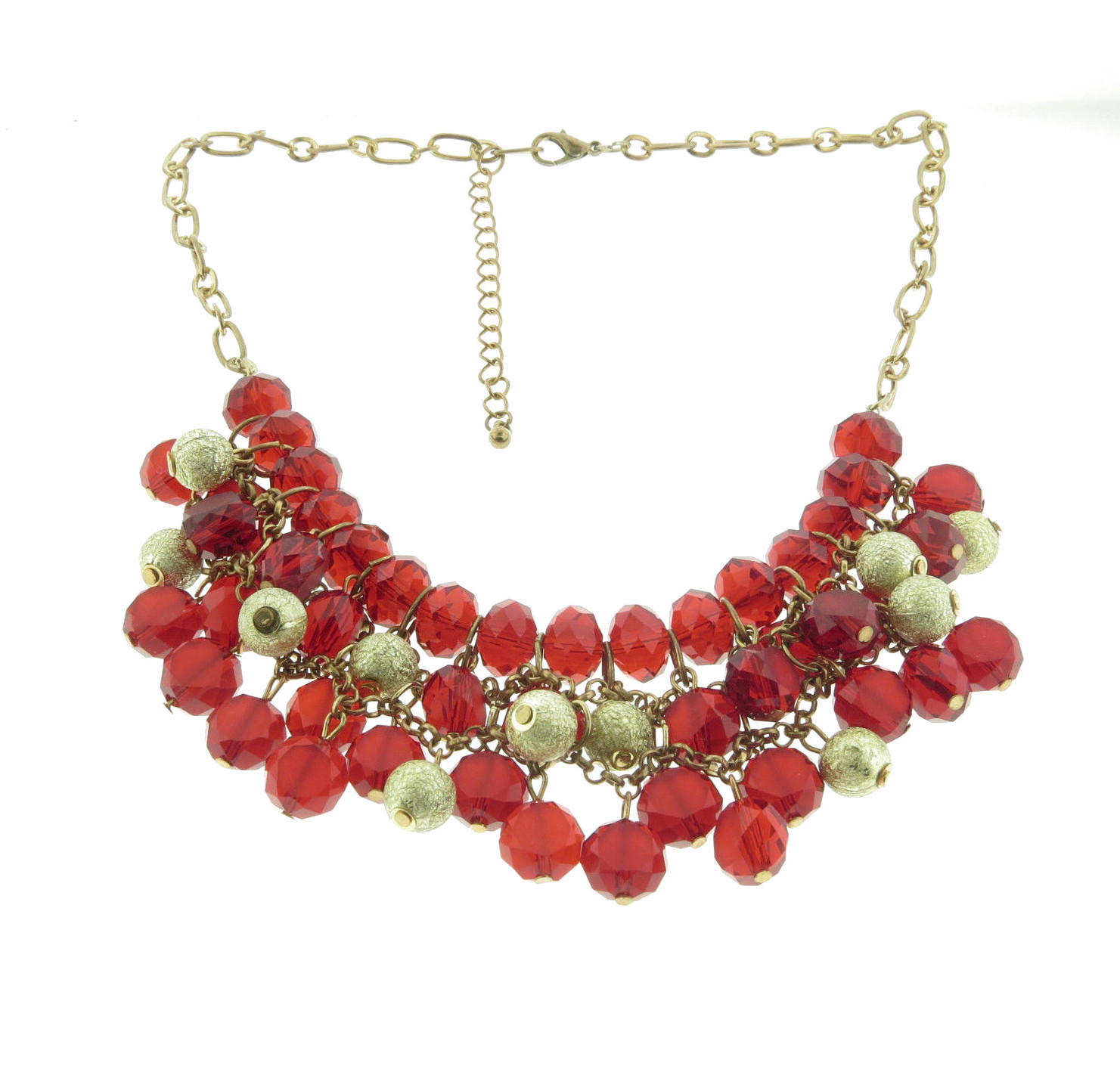 Vintage Red Crystal Glass Bead Dangle Necklace Gold Tone