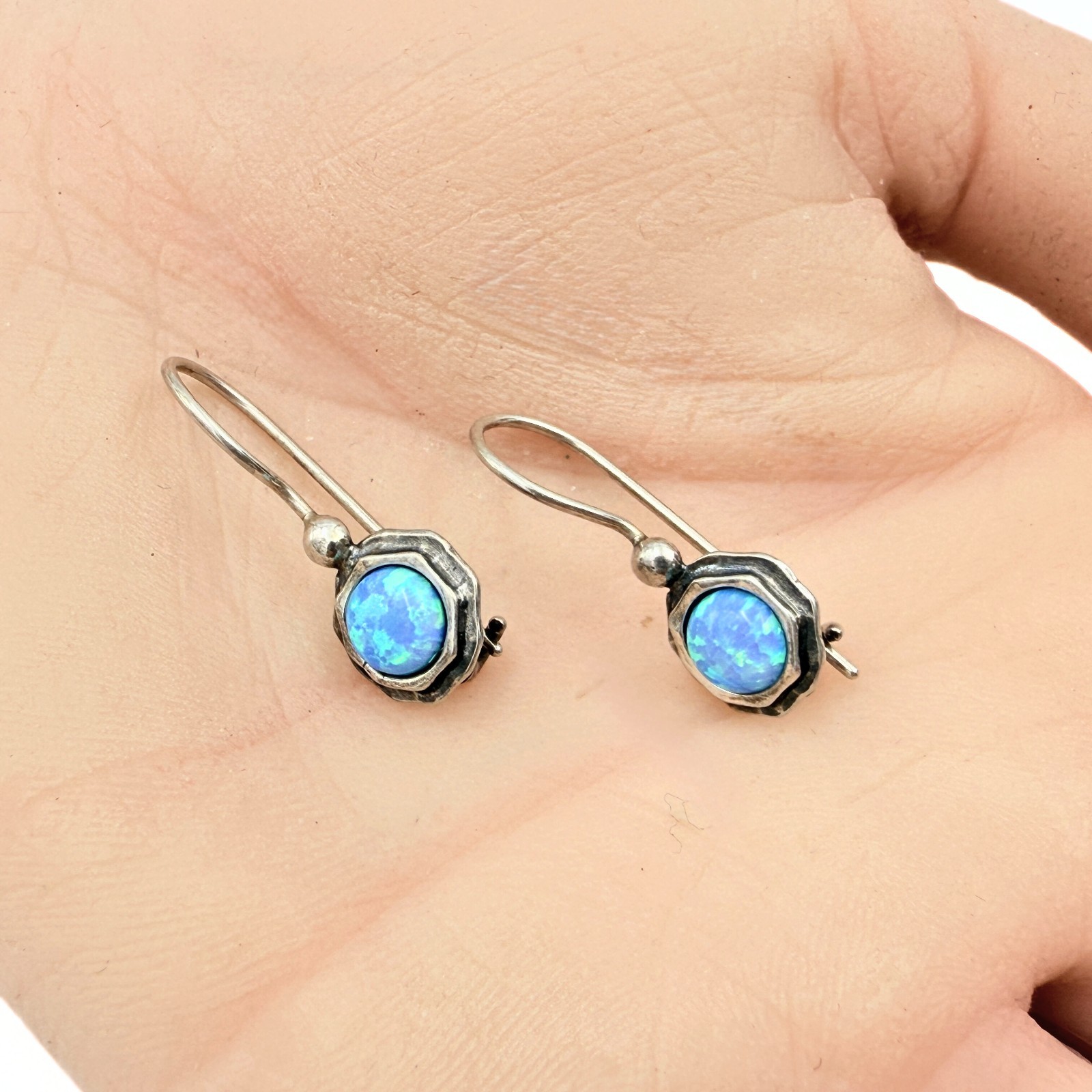 Amazing Marked Israel Sterling Silver Lab Opal Cab Dangle Earrings