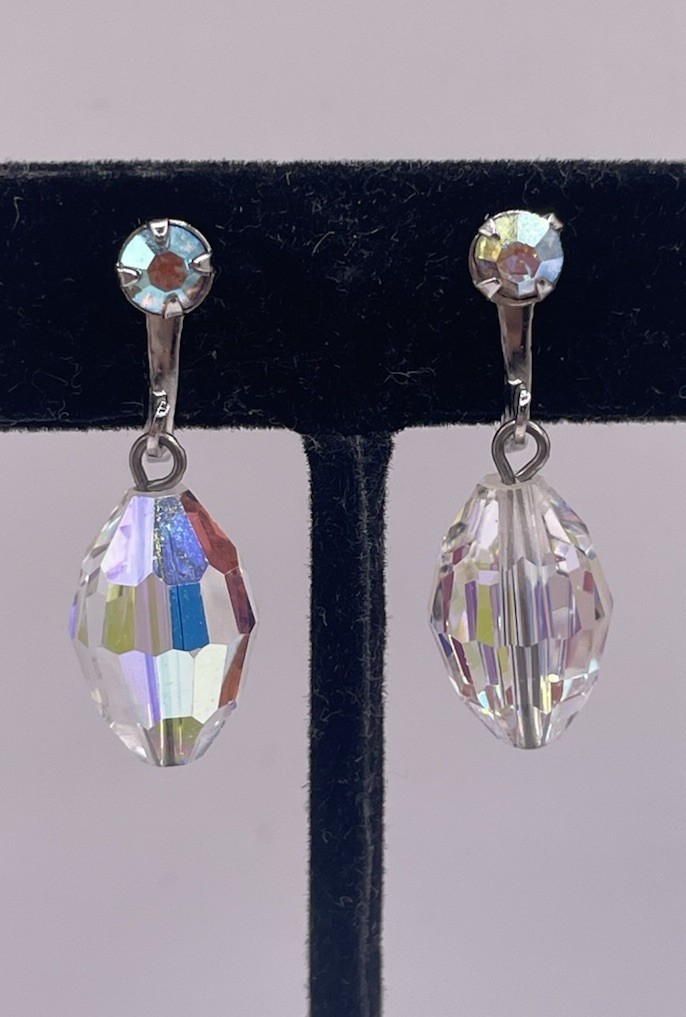 Vintage AB Aurora Borealis Faceted Crystal Drop Dangle Screw Back Earrings
