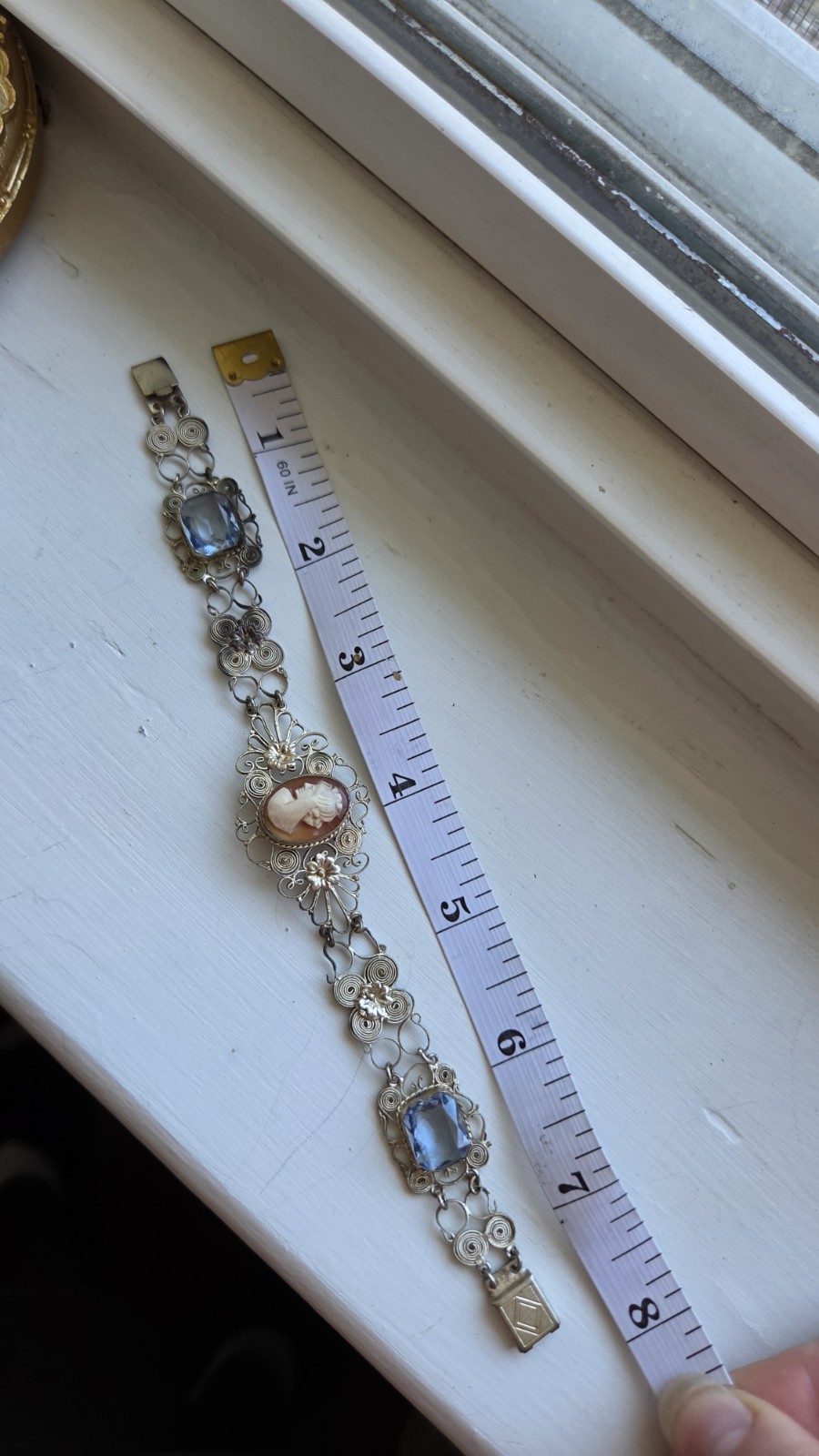 Vintage Art Deco Cannetille Filigree Cameo & Topaz Bracelet 7″