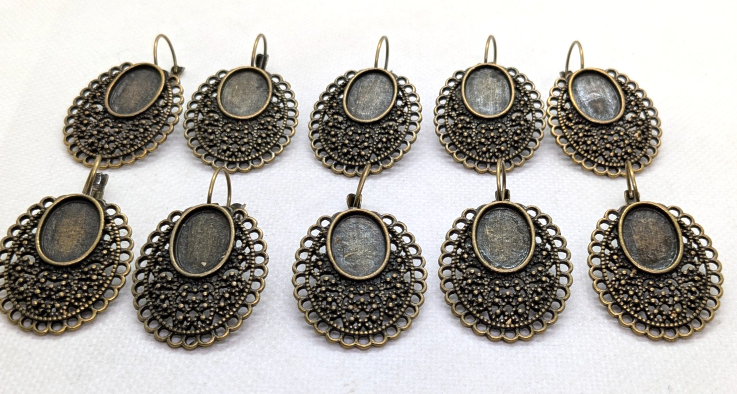 10 Bronze Colored Earring Blanks Bezel Settings Filigree Border Cabochon Base