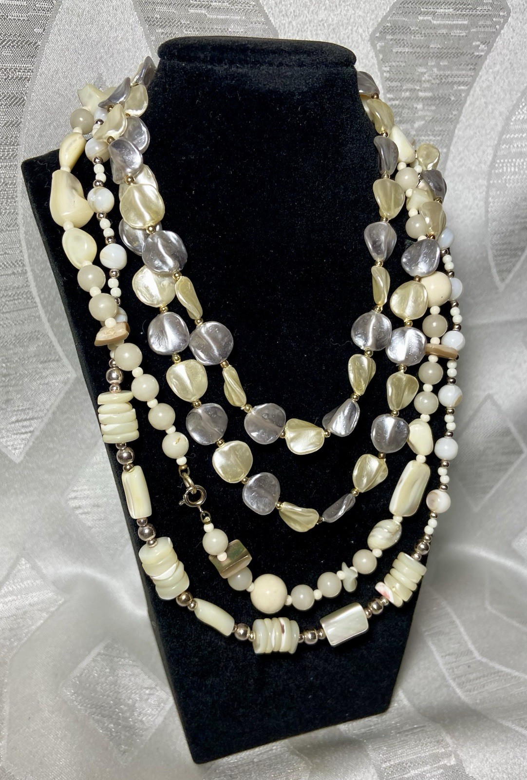 3 Piece Vintage Beaded Statement Necklace Lot, White & Grey Abstract, Layering