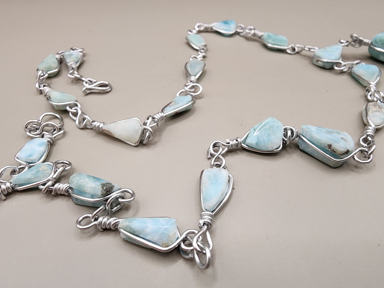 Massive Natural Larimar Teardrop Pendant Necklace Wire Wrapped Freeform Links