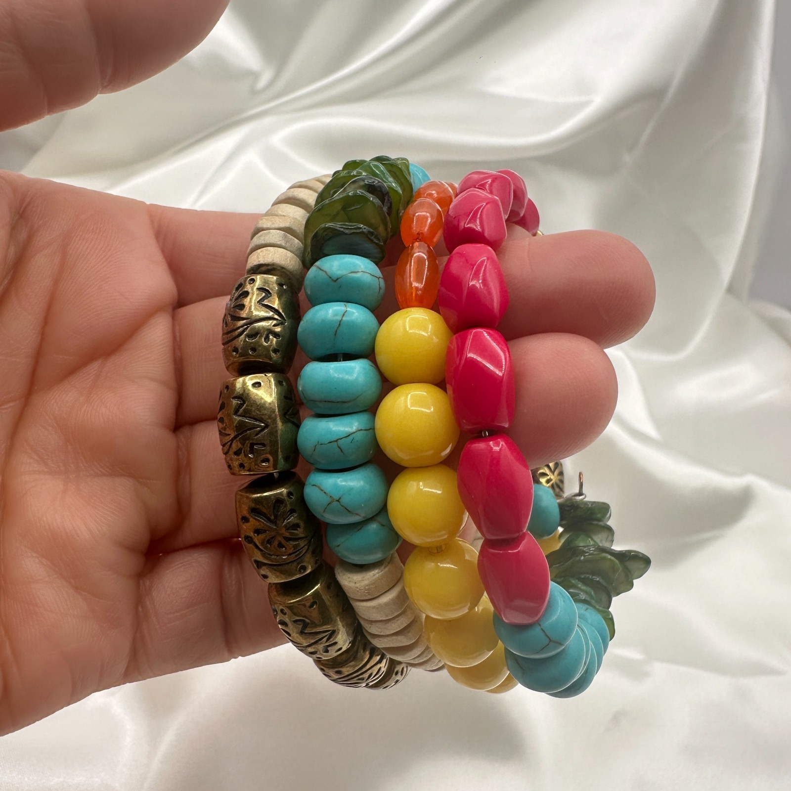 Vintage 90s Multi-Strand Wrap Bracelet Colorful Glass Wood Metal Bead Jewelry