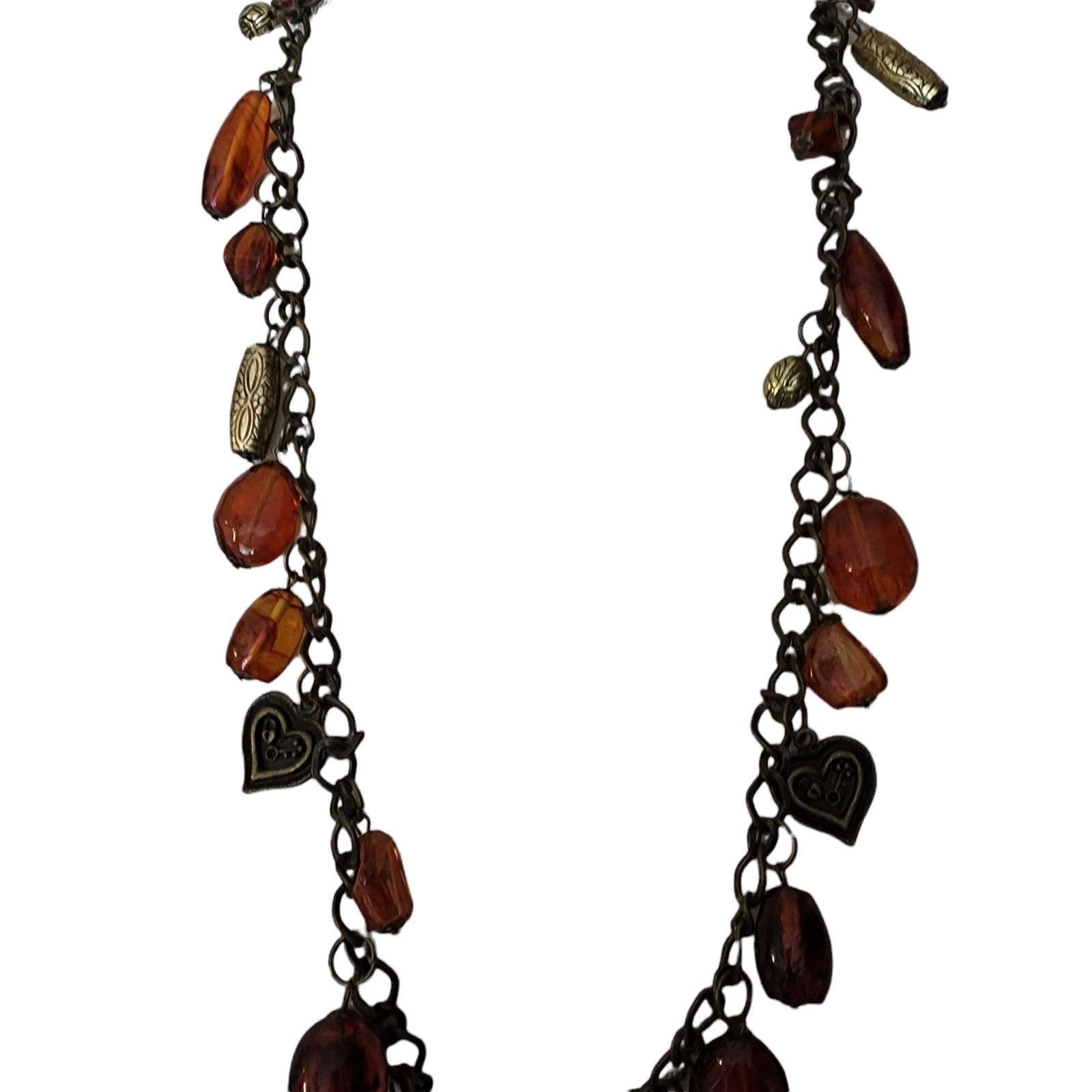 Vintage Necklace Amber Color Beaded Heart Drops Extra Long Different Shapes Vale