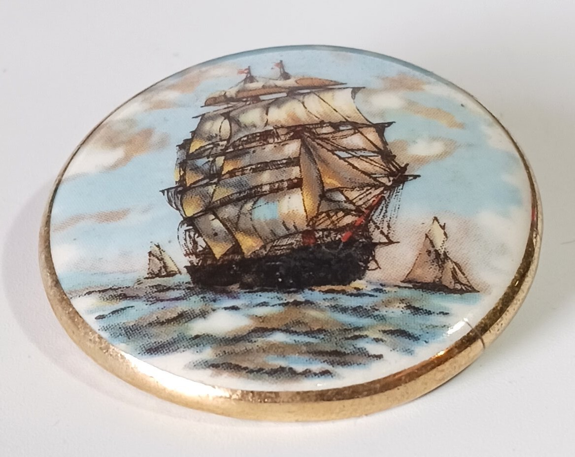 Vtg (Antique?) Painted Porcelain Brooch 1-5/8″ w/ Clipper Ship Under Full Sail