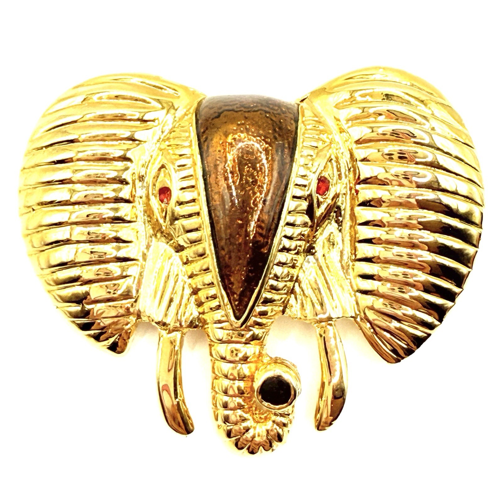 Vtg Goldtone Brooch Pin Elephant Head Textured Tusks Enamel Red Eyes Shiny Z