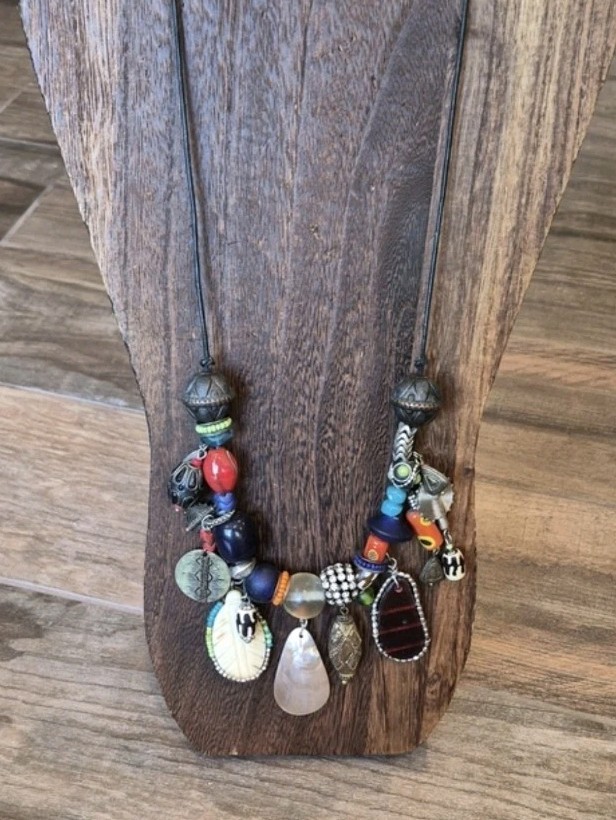 Vintage Eclectic Charm Bead Adjustable Length Leather Cord Necklace