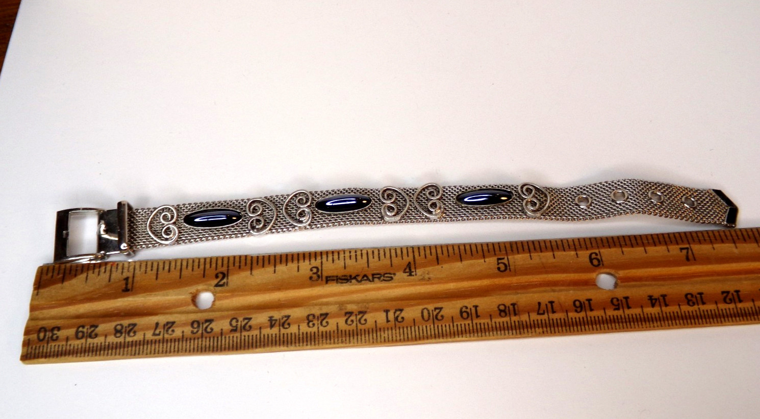 Vintage Mesh Silver Tone Belt Buckle Bracelet with Black Glass Stones, Jewelry